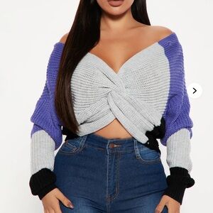 Fashion Nova Off-Shoulder Twist Sweater - Purple, Gray, Black